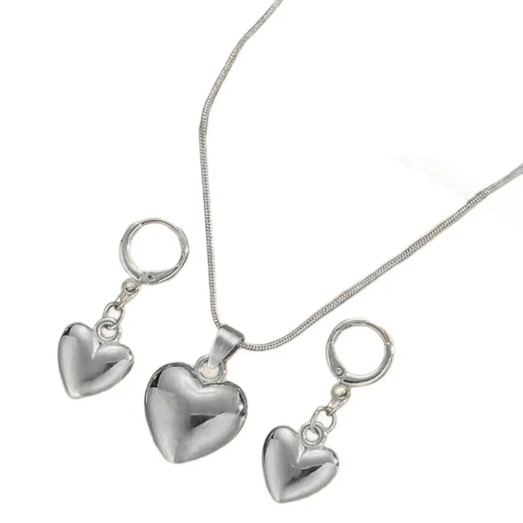 Glossy Gold Plated Metal Love Heart Dangle Earrings Necklace Jewelry Set for Women Simple Dainty Daily Wear Outfit Accessories