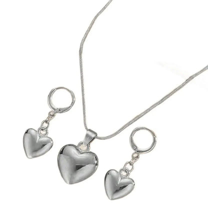 Glossy Gold Plated Metal Love Heart Dangle Earrings Necklace Jewelry Set for Women Simple Dainty Daily Wear Outfit Accessories