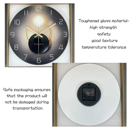 Light Luxury Simple Light and Shadow Flat Pattern Tempered Glass Wall Clock Living Room Bedroom Kitchen Home Decoration Wall Clock Silent Quartz Clock Holiday Gift 12 Inches 14 Inches 16inch (Without Batteries)