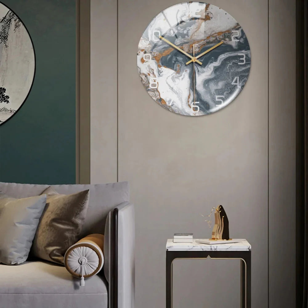 Black Gold Marble Metal Needle Modern Acrylic Round Clock 12"