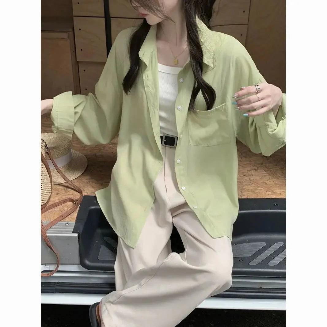 Sunscreen Shirt for Women in Summer New Polo Collar French Unique Loose Solid Color Long-sleeved Top Trendy