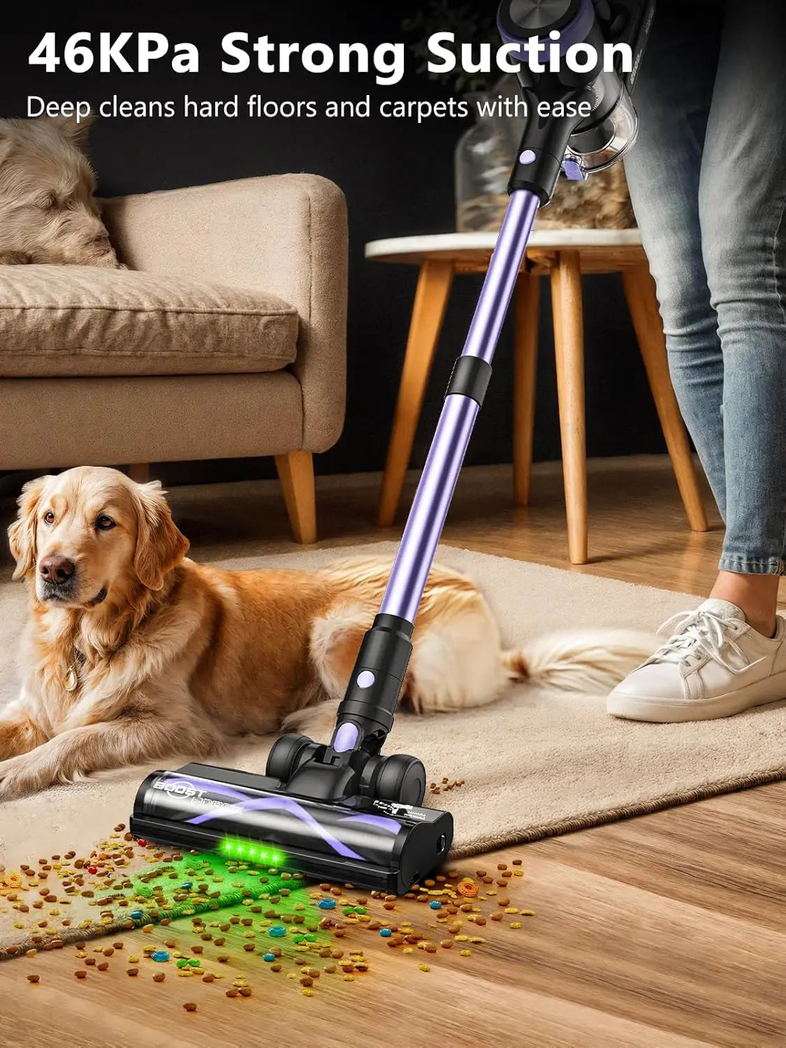 CordlVacuum Cleaner, 46KPa/500W Stick Vacuum with 55 Mins Runtime, Self-Standing Vacuum Cleaner for Home, LED Display, Anti