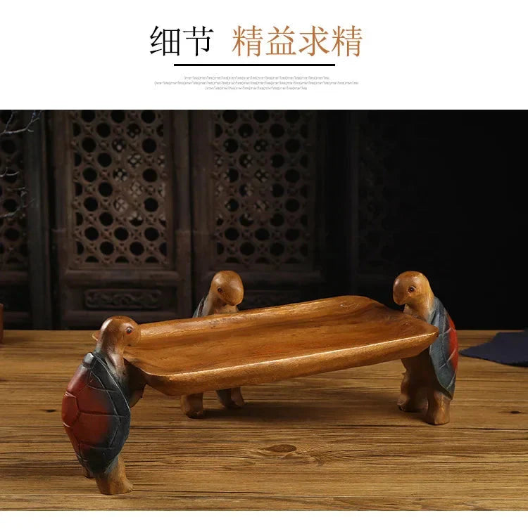 Solid Wood Fruit Plate for Home Living Room, Coffee Table Tray, Three Turtles Base Side Polished, Smooth Eco Friendly Wood Wax O