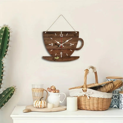 Coffee Cup Shaped Wooden Silent Hanging Wall Clock,Wood Grain Design Suitable For Living Room,Study Room,Bedroom,Home Decoration
