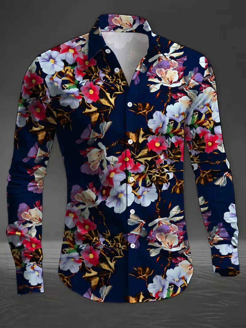 Luxury Floral Leopard Print Button-Down Shirt - Long Sleeve Paisley Business Casual Top