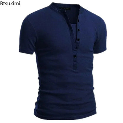 2026 Men's Summer Casual Shirts Solid V-neck Button Slim Fit T-Shirts for Men Fashion Short Sleeve Tees Tops Men Clothing S-3XL