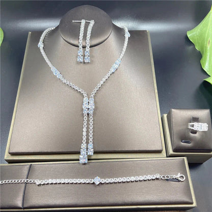 Fashion Crystal Bridal Jewelry Sets Silver Color Geometric Choker Necklace Earrings Bracelet Ring Four-piece Wedding Jewelry Set