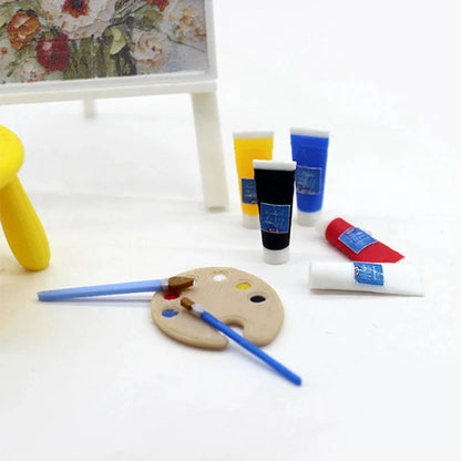 1/12 Dollhouse Draw Room Art Supplies Decoration Dolls House Accessories Mini Pigment Tube Paint Brush Palette Model Dollhouse