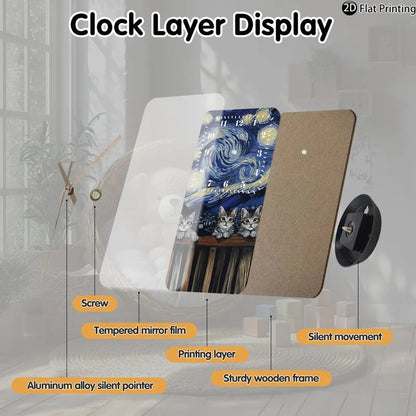 Vintage 2D-Flat Cats with Van Goghs Starry Night backdrop Wooden Silent Quartz Rectangle Wall Clock for Home Idea Holiday Gifts