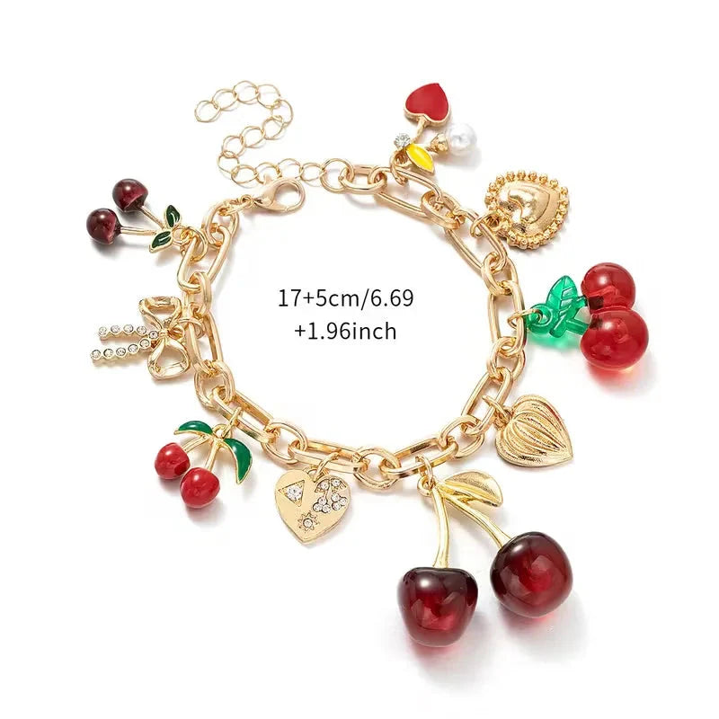 Cherry Jewelry (Ring/Bracelet Optional) - Gold Tone Crystal Charm Adjustable Cute Y2K Jewelry Accessory Daily Party Holiday Gift