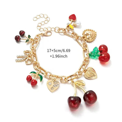 Cherry Jewelry (Ring/Bracelet Optional) - Gold Tone Crystal Charm Adjustable Cute Y2K Jewelry Accessory Daily Party Holiday Gift