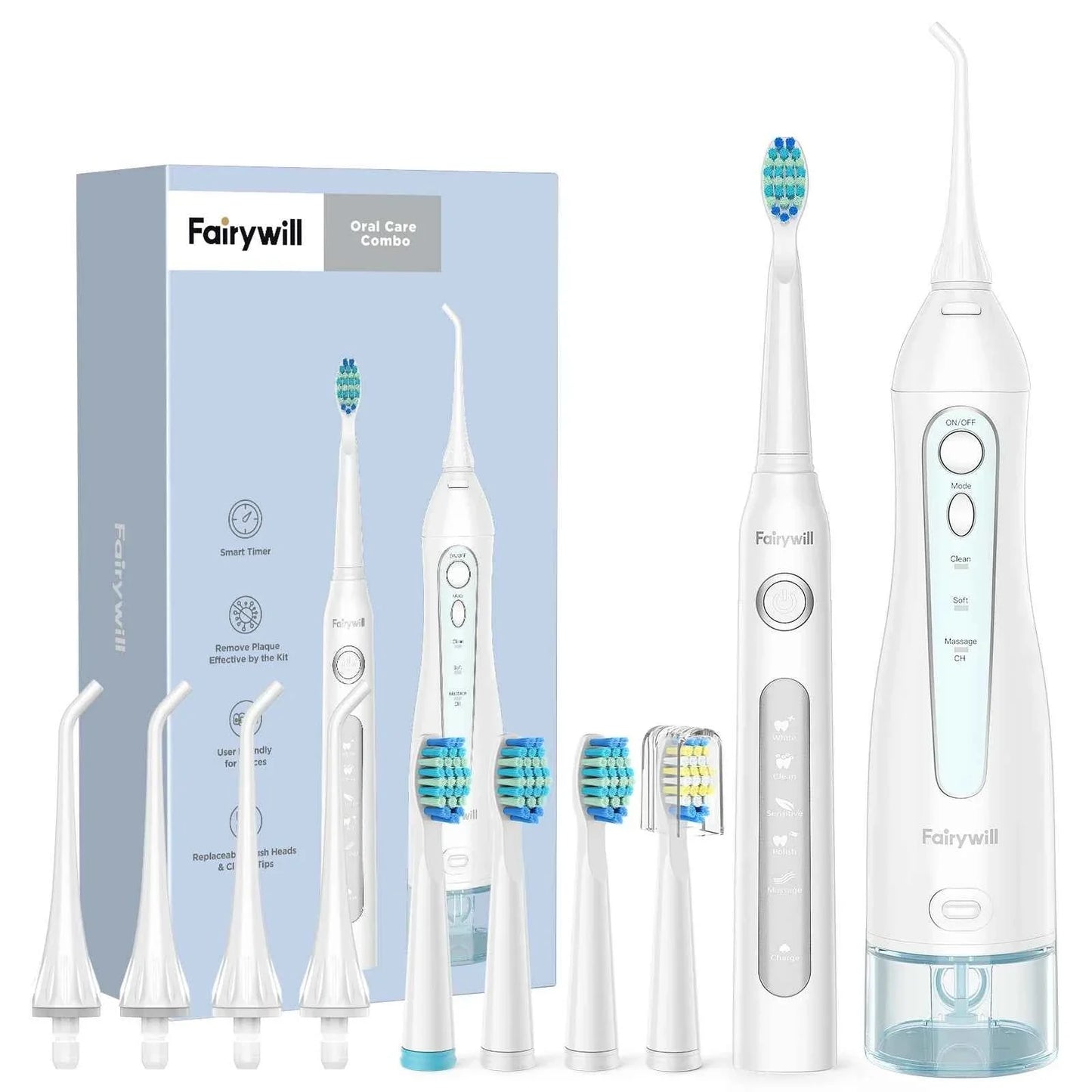 Fairywill FW5020E Water Dental Flosser & Sonic Electric Toothbrush Set - IPX7 Waterproof Portable Oral Care Kit