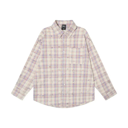 Ripped Plaid Long Sleeve Shirts Mens Pocket Autumn High Street Loose Lapel Single Breasted Checked Shirt Men