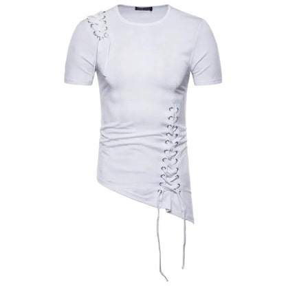 New2026 Men's Summer Short Sleeve T-shirts Trend Irregular Design Lace Up Solid Slim Tees Fashion Gothic Style Casual Shirts Men