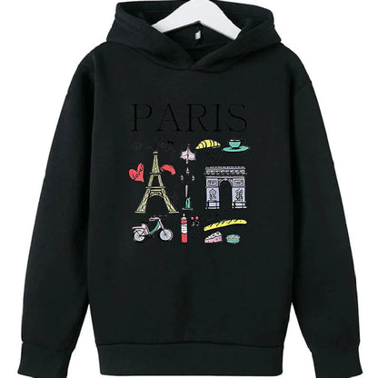 Girls Paris Landmarks & Food Pattern Print Hoodie Sweatshirt GYM Lover Thick Birthday Gift Top for Kids