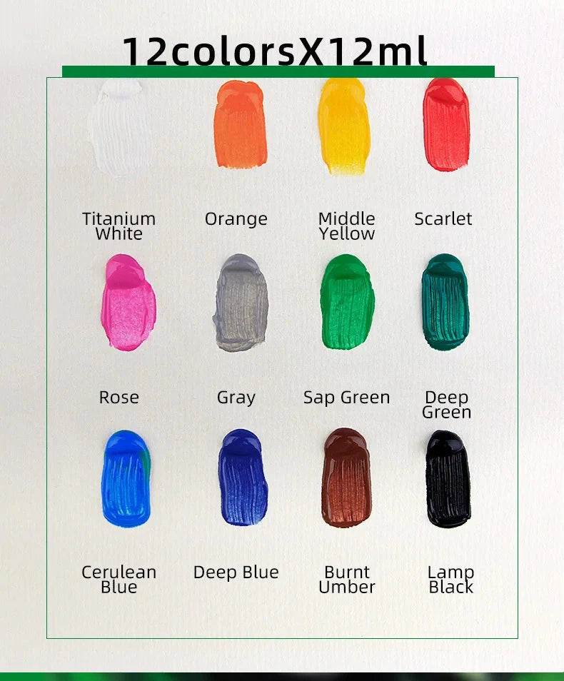 12Color Acrylic Paint Set 12ml Tubes Waterproof Art Supplies for Beginner Artists DIY Painting on Canvas Wall Art Craft Projects