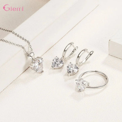 Top Fashion 925 Silver Jewelry Sets Shiny Crystal Gifts Suit For Women Girls Pendant Necklace Earrings Rings Hot Sale