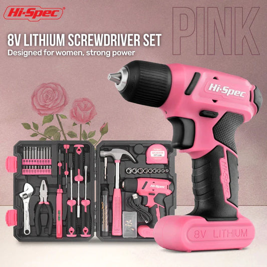 Hi-Spec 92-Piece Pink Home Tool Box Set, Multi-Function Hand Repair Kit with Hammer Cordless Power Drill Combo for Household DIY