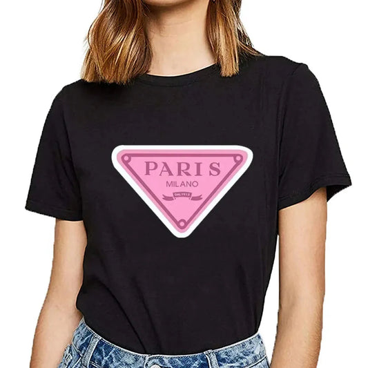 Fashion Paris Printed Short Sleeved Shirt Women Hip Hop Casual T-shirt Short Sleeved Round Neck Casual Top Autumn and Winter