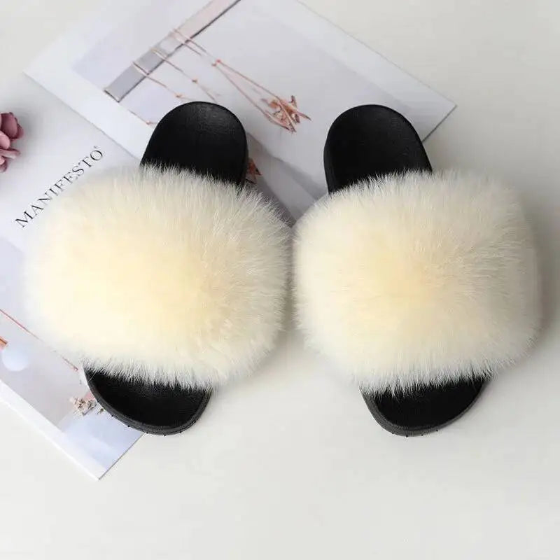 Summer Women Fur Slides Fluffy Furry Slippers Indoor Fuzzy Flip Flops Casual Outdoor Flat Ladies Fur Sandals Plush House Shoes
