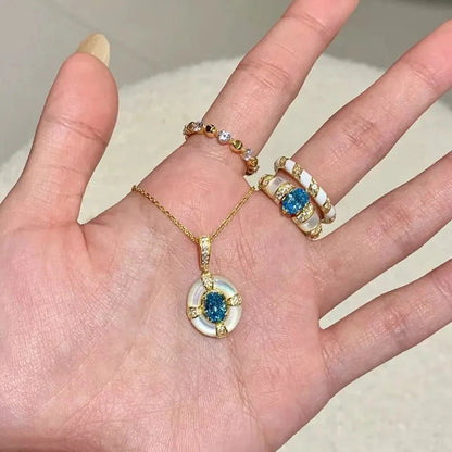 Classic blue jewelry sets dreamy aquamarine gem White Fritillaria ring necklace High quality palace style retro wedding gift