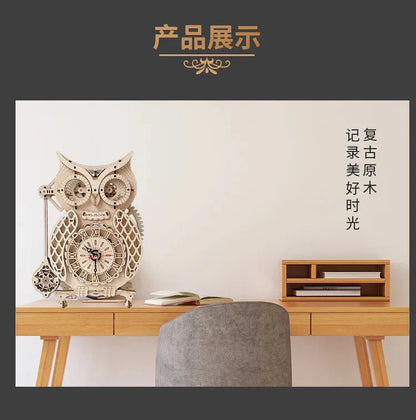 Wooden Puzzle 3D Owl Clock Model Building Kits Creative DIY Wall Clock Mechanical Retro Pendulum Clock Assembly Toy for Adults