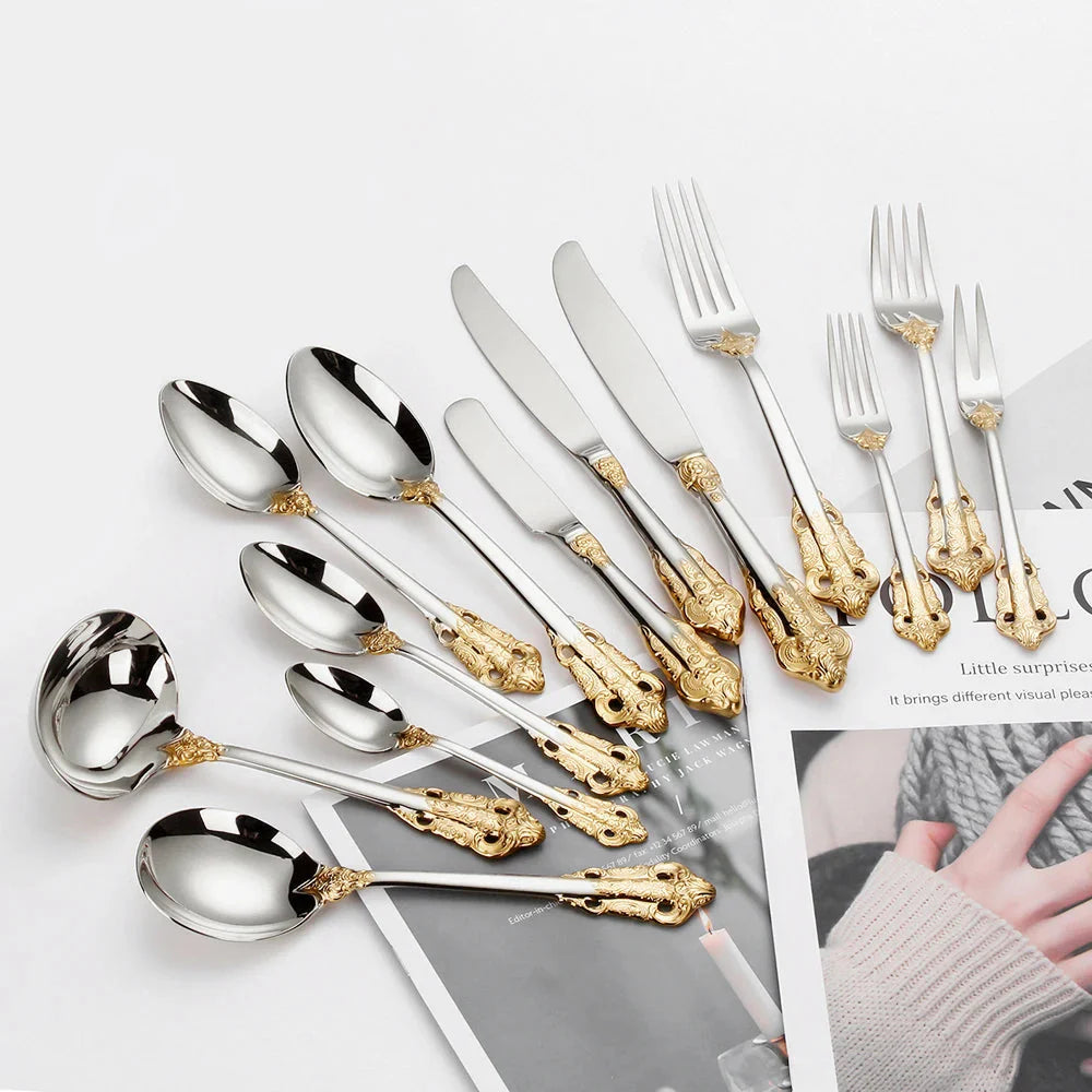 Stainless Steel Silver Flatware Set, Vintage Cutlery, Hollow Handle, Silverware for Wedding, Baroque, 18/10, Glossy Gold