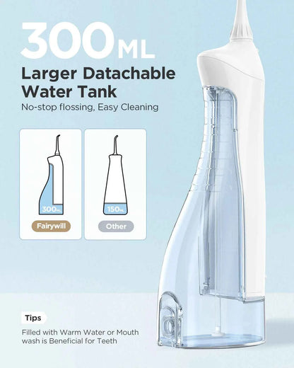 Fairywill Portable Oral Irrigator - 300ML Rechargeable Water Flosser with 3 Cleaning Modes