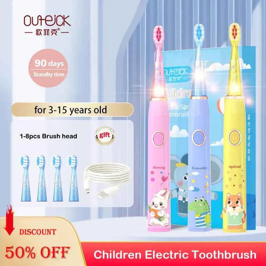 Kids Sonic Electric Toothbrush Child Cartoon with Colorful LED Light IPX7 Waterproof 2 mins Smart Timer Rechargeable Toothbrush