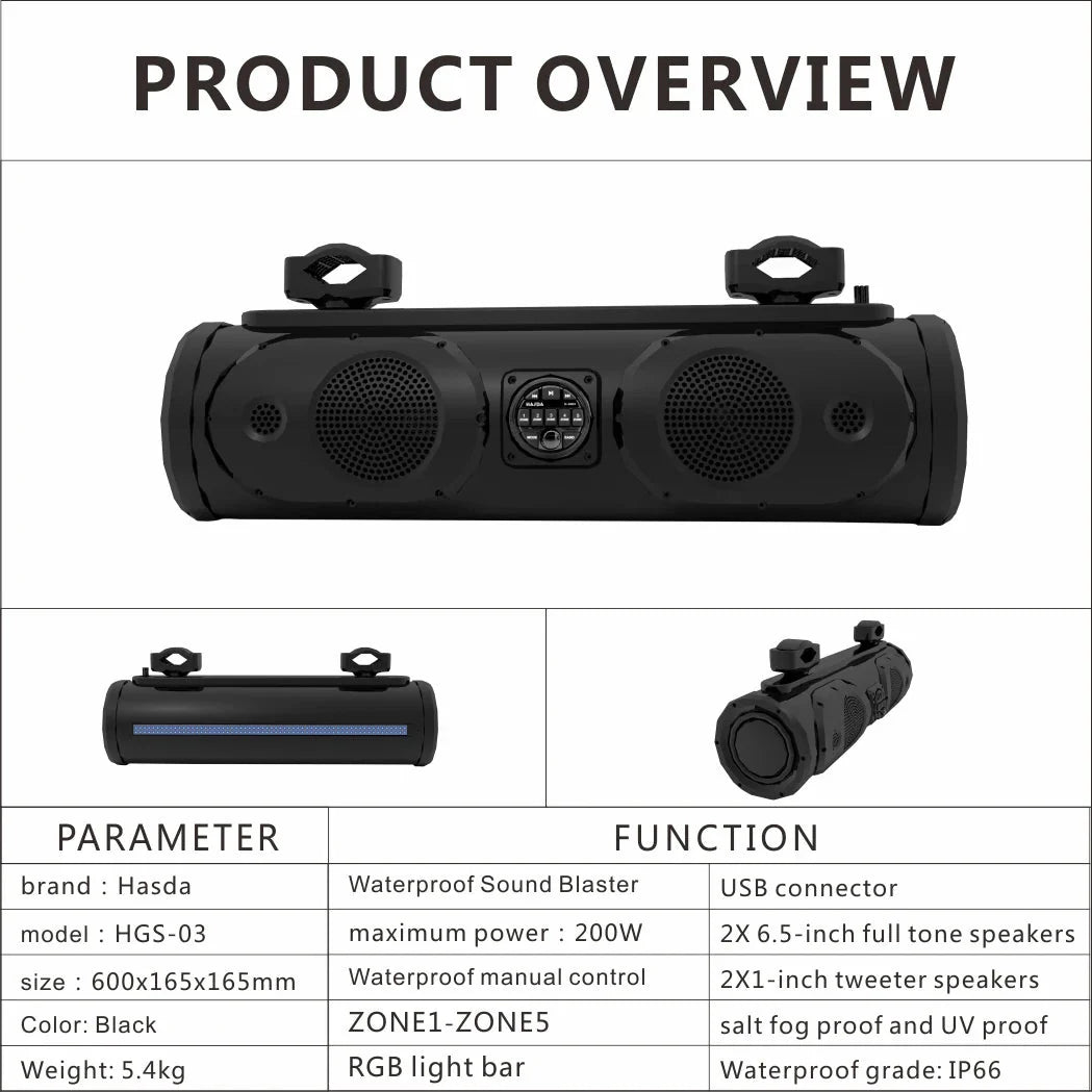 Soundbar With LED Lights For ATV UTV Golfcarts Powersports Boat Audio Marine
