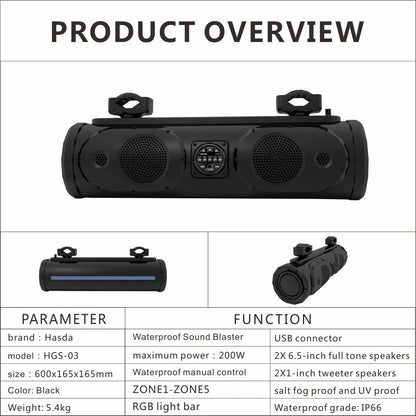 Soundbar With LED Lights For ATV UTV Golfcarts Powersports Boat Audio Marine