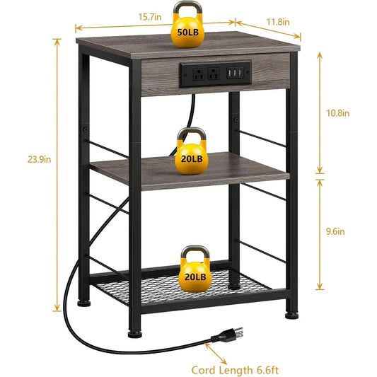 3-Tier Nightstand w/ Charging Station - 2 Pcs Grey Bedside Table w/ USB Ports & Storage Shelf for Bedroom
