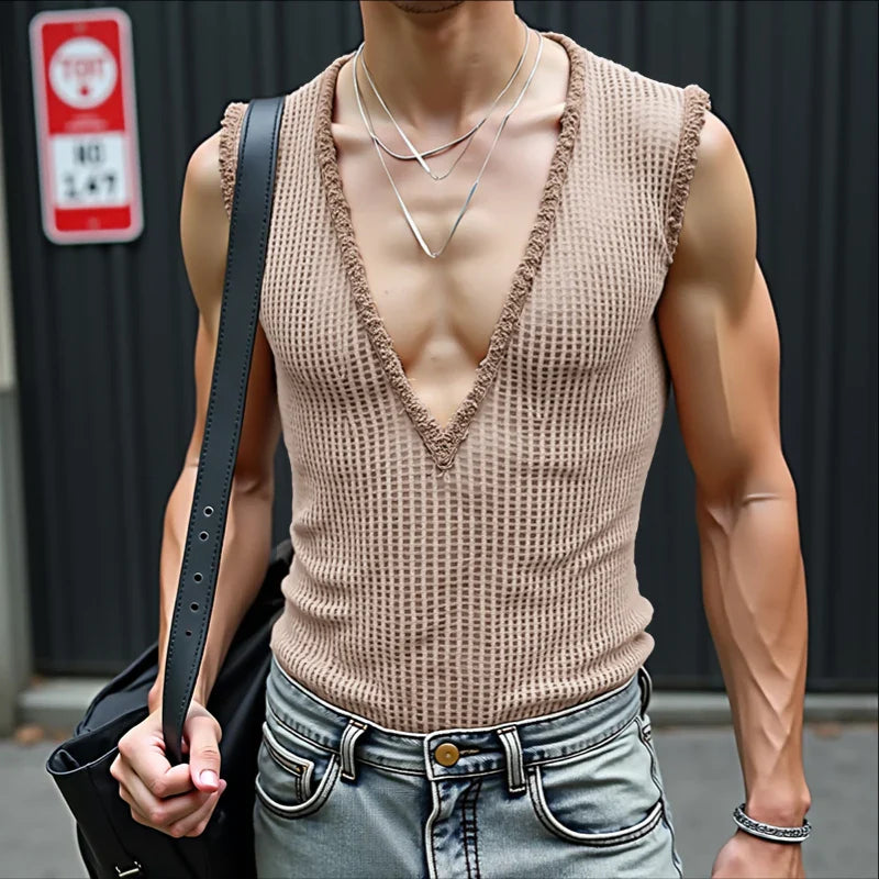 INCERUN Men Tank Tops Hollow Out Mesh See Through Sexy Tassel Male Vests Summer 2025 Solid Color Fashion Streetwear Men Clothing