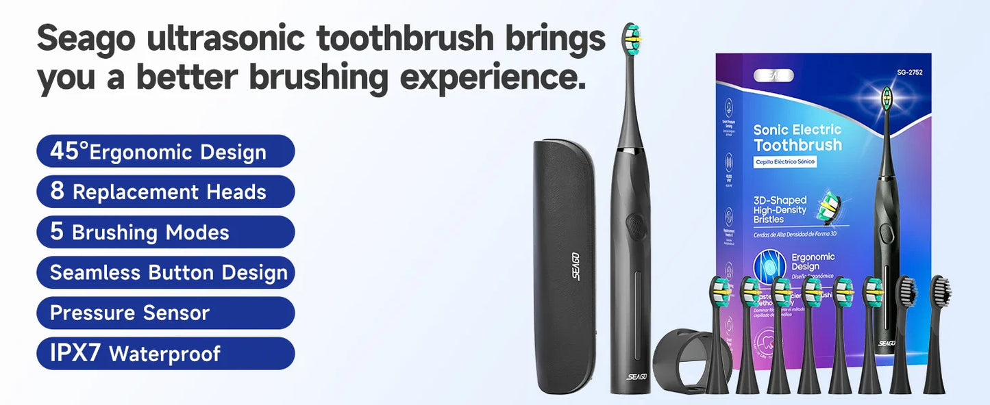SEAGO Electric Toothbrush with 8 Soft Bristle Heads for Adults Pressure Sensor 5 Modes with 2 Minutes Smart Timer SG-2752