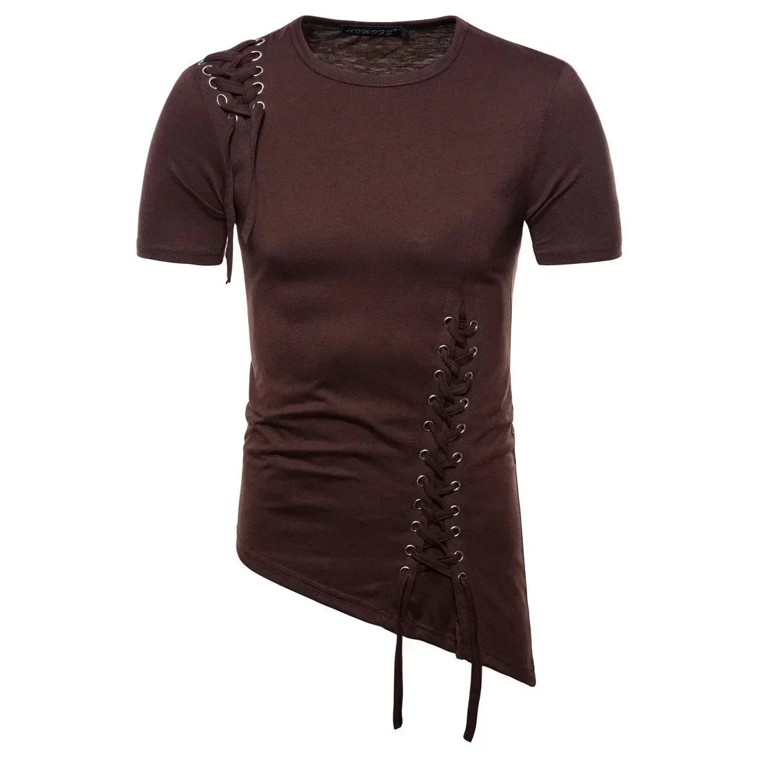 New2026 Men's Summer Short Sleeve T-shirts Trend Irregular Design Lace Up Solid Slim Tees Fashion Gothic Style Casual Shirts Men