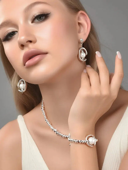 Pearl Jewelry Set, Gold Silver Necklace Earrings Bracelet Set, Elegant Wedding Party Jewelry For Women Gifts