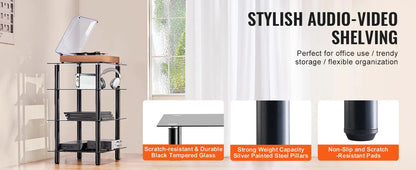 SucceBuy 4-Tier AV Media Stand Audio/Video Stand with Strengthen Tempered Glass Shevles for DVD Adjustable Media Storage Cabinet
