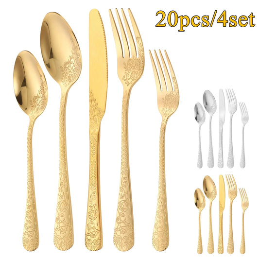 20pcs Silverware Set Floral Carved Stainless Steel Flatware Mirror Polished Cutlery Including Fork Spoon Knife Dishwasher Safe