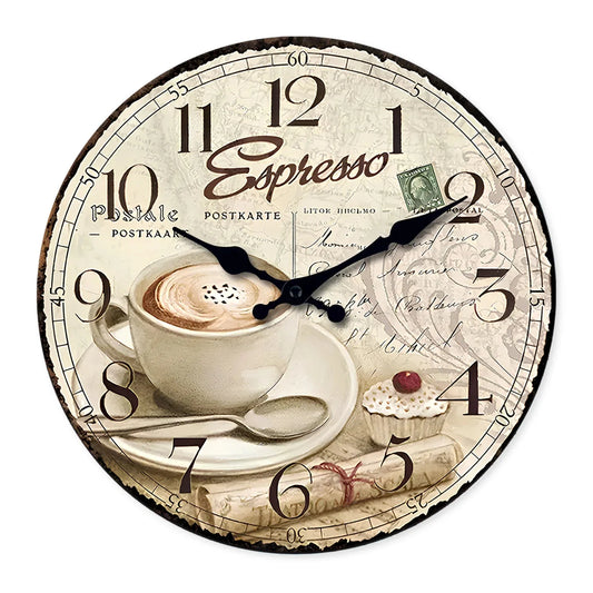 European Retro Coffee Cup Pattern Wooden Wall Clock for Living Room, Bedroom, Kitchen, Home Decoration, Silent Quartz Clock, Holiday Gift, 10 Inches, 12 Inches (No Battery)