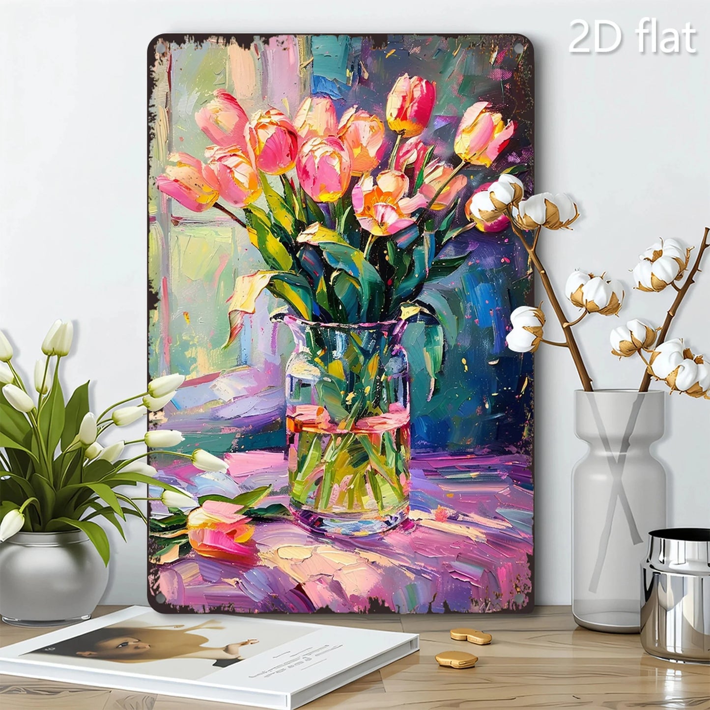 Vibrant Tulip Bouquet Metal Wall Art - 8x12 Inch 2D Design, Durable Iron Sign for Home, Garden & Office Decor