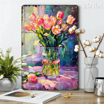 Vibrant Tulip Bouquet Metal Wall Art - 8x12 Inch 2D Design, Durable Iron Sign for Home, Garden & Office Decor