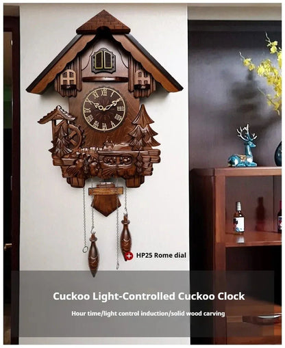 Antique Classic Solid Wood Hand-carved Cuckoo Wall Clock, Children's Music, Hour Announcement Swinging Creative Clock