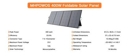 MHPOWOS 400W Portable Solar Panel, Lightweight Foldable Solar Panels with an Adjustable Kickstand, IP67 Waterproof Solar Charger