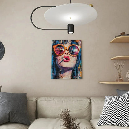 Vibrant modern canvas art - stylish women, floral hair and stylish glasses, 1.5 inch thick pine frame, interior decor