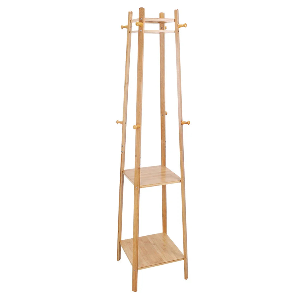 Bamboo Coat Rack Free Standing 2-Shelves Clothing Storage Garment Organizer Stand with 8 Hooks Clothes Poles 55kg Load-bearing f