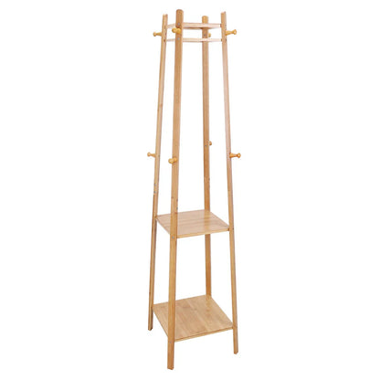 Bamboo Coat Rack Free Standing 2-Shelves Clothing Storage Garment Organizer Stand with 8 Hooks Clothes Poles 55kg Load-bearing f