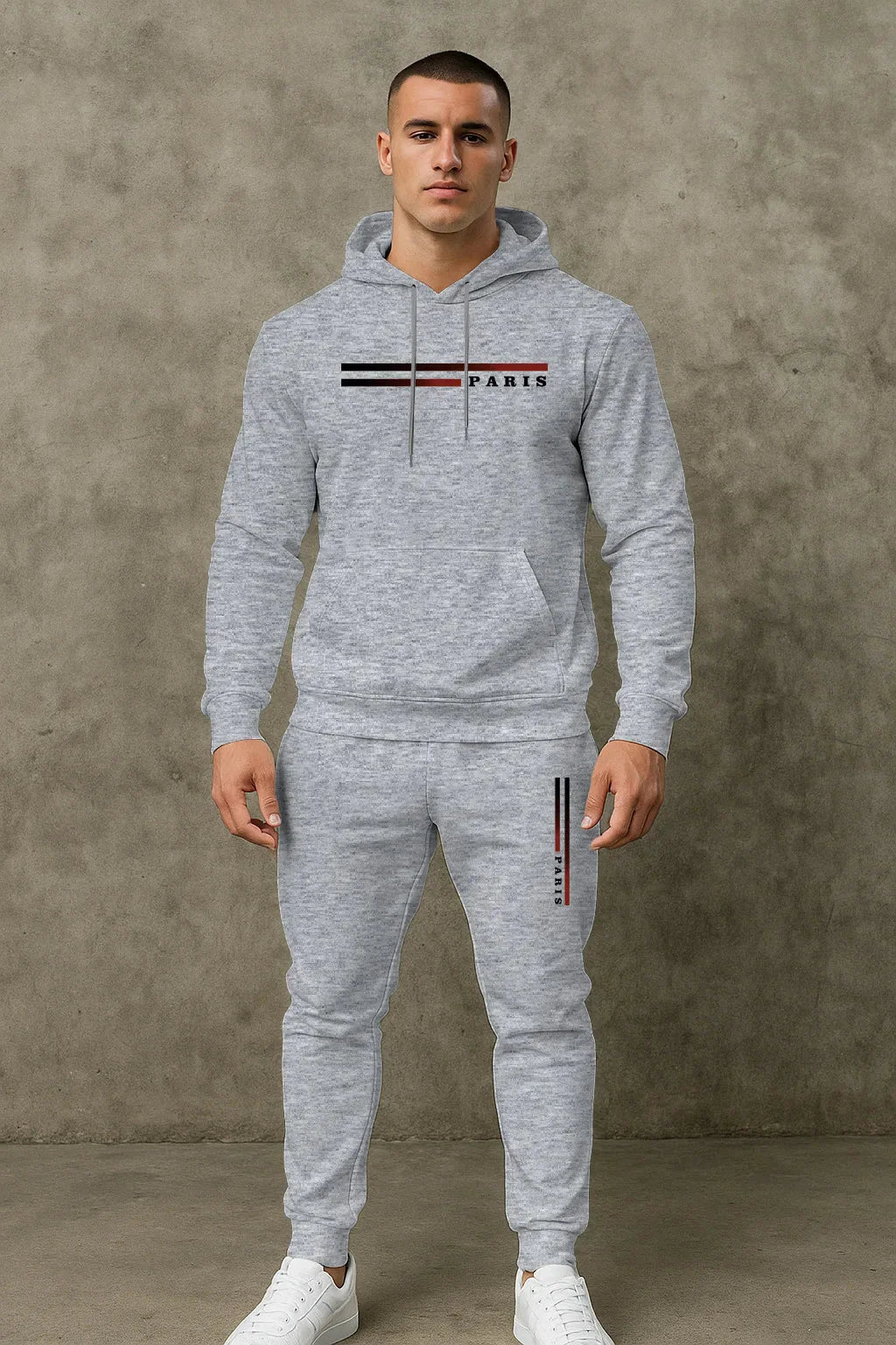 Men's Classic Personalized Fashion Paris Alphabet Stripe Printed Machine Washable Hooded Sweatshirt and Pants Casual Sports Set