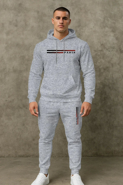 Men's Classic Personalized Fashion Paris Alphabet Stripe Printed Machine Washable Hooded Sweatshirt and Pants Casual Sports Set