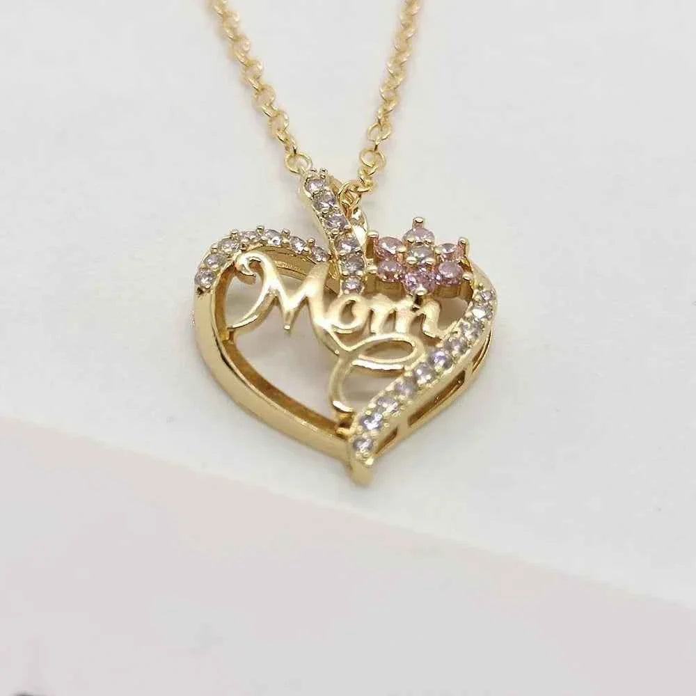 Gold-Plated Mom Heart Necklace with Cubic Zirconia - Dainty Valentine's Day Gift for Women Fashion Jewelry