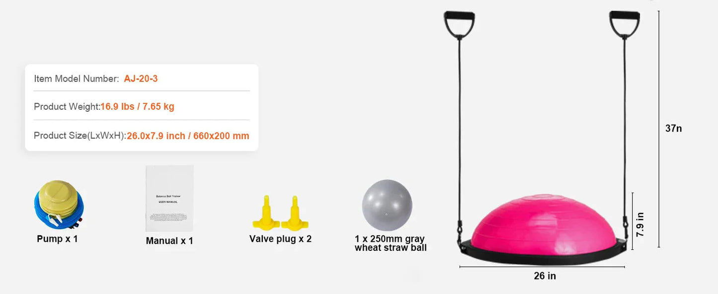 SucceBuy 23/26 inch Half Exercise Ball Trainer Balance Ball Trainer 660lbs Capacity Stability Ball Yoga Ball w/ Resistance Bands